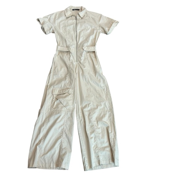 Zara cream short sleeve cargo wide leg jumpsuit Sz S pockets front zip NWOT - Picture 4 of 13